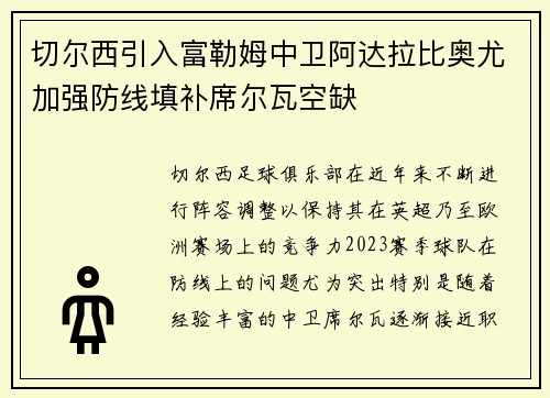切尔西引入富勒姆中卫阿达拉比奥尤加强防线填补席尔瓦空缺