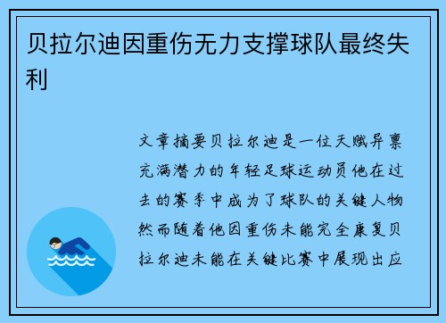 贝拉尔迪因重伤无力支撑球队最终失利