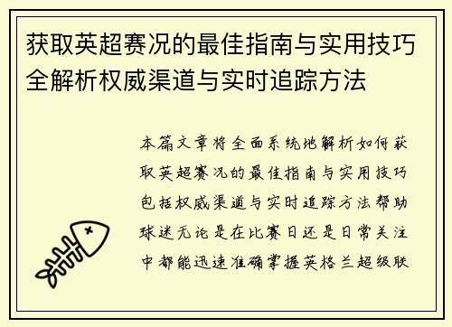 获取英超赛况的最佳指南与实用技巧全解析权威渠道与实时追踪方法